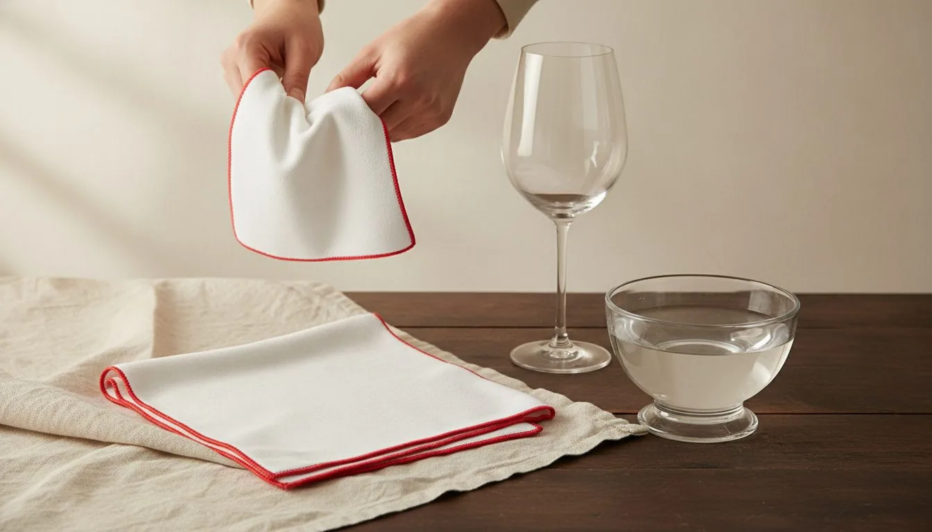 Hands holding up a white Premium Glass Polishing Cloth with red edging, a folded one below, a wine glass and a bowl of water
