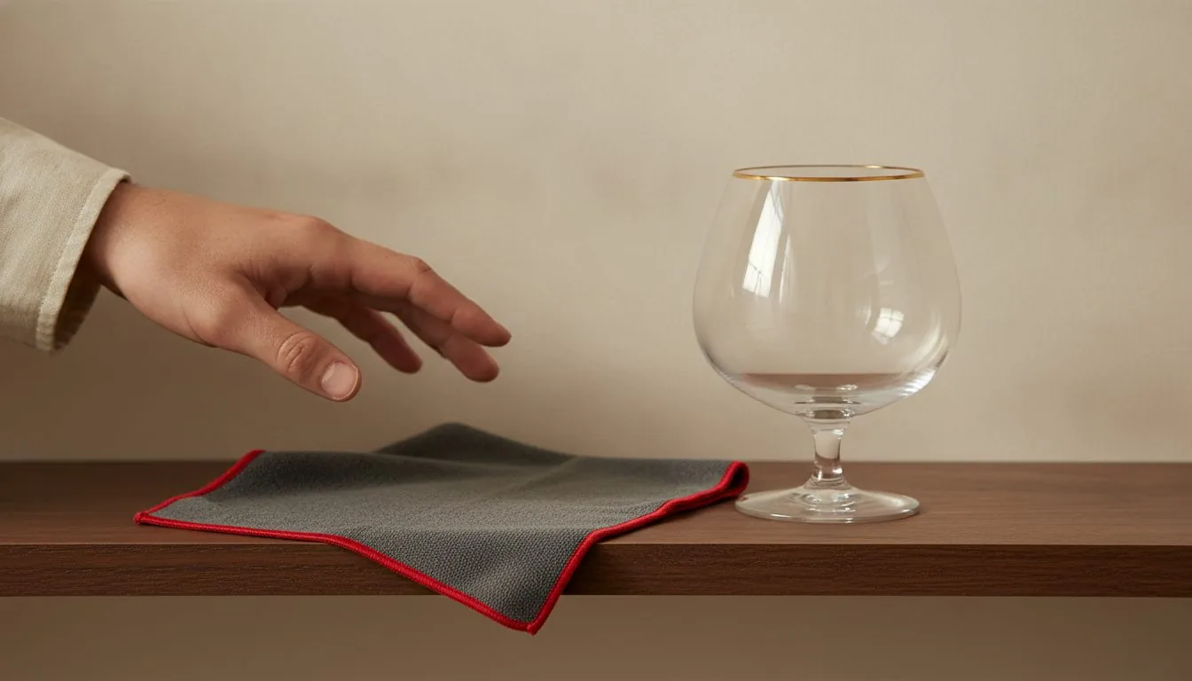 A hand reaching toward a gray Premium Glass Polishing Cloth with red edging beside a gold-rimmed brandy snifter