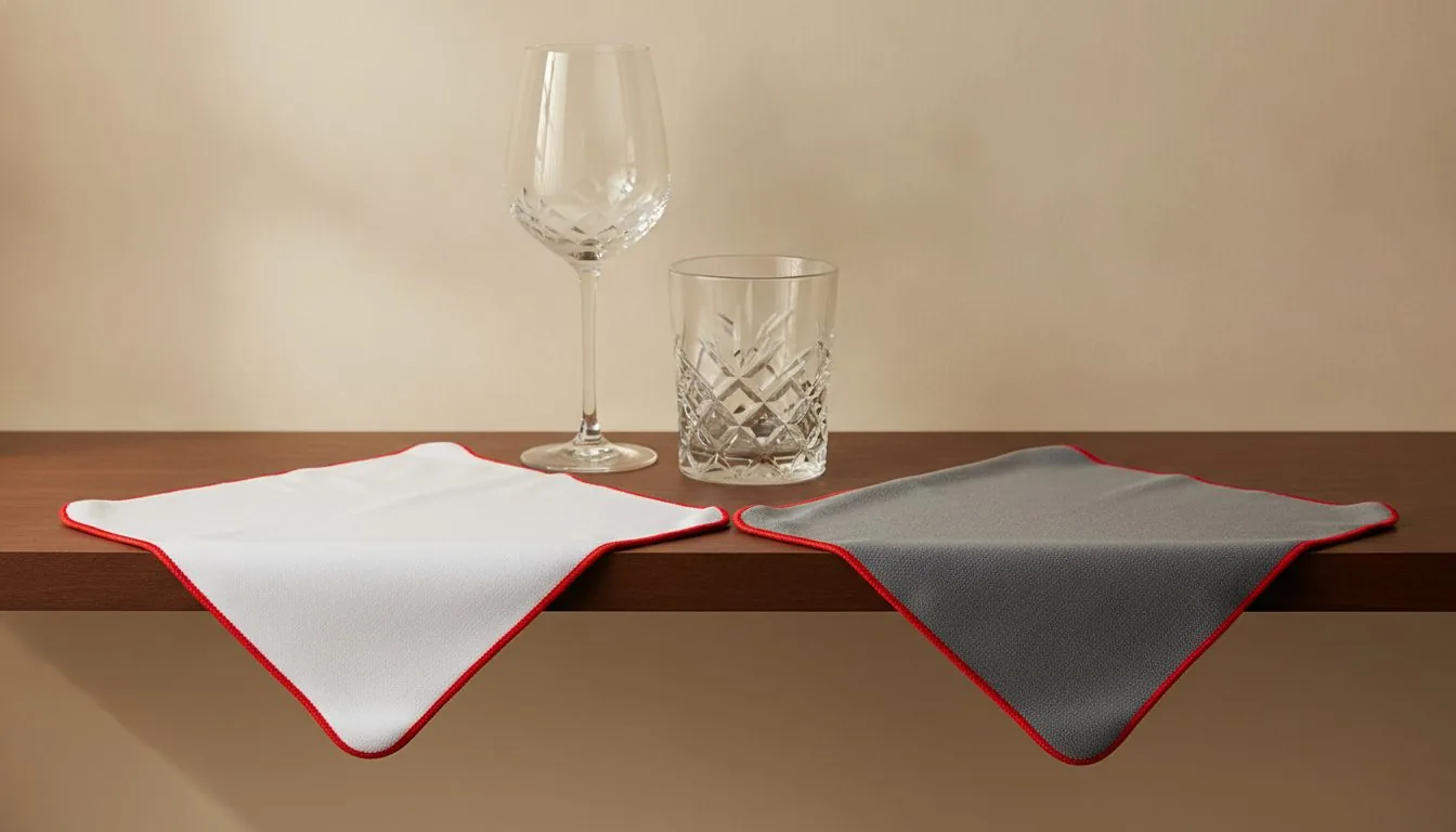 Premium Glass Polishing Cloth in white and gray, both with red edging, beside a cut-pattern wine glass and tumbler