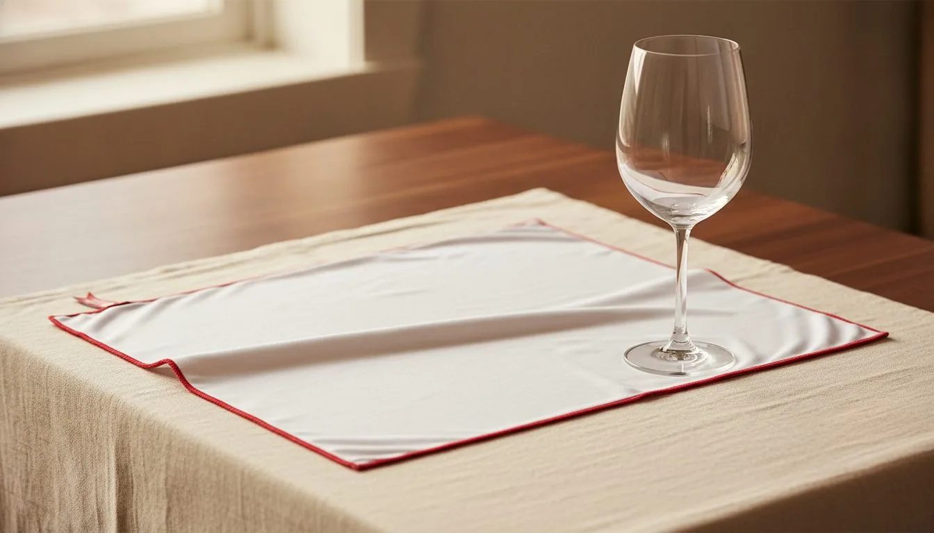 A white cloth with a red edge on a beige linen runner beside a clear wine glass, on a wooden table by a window