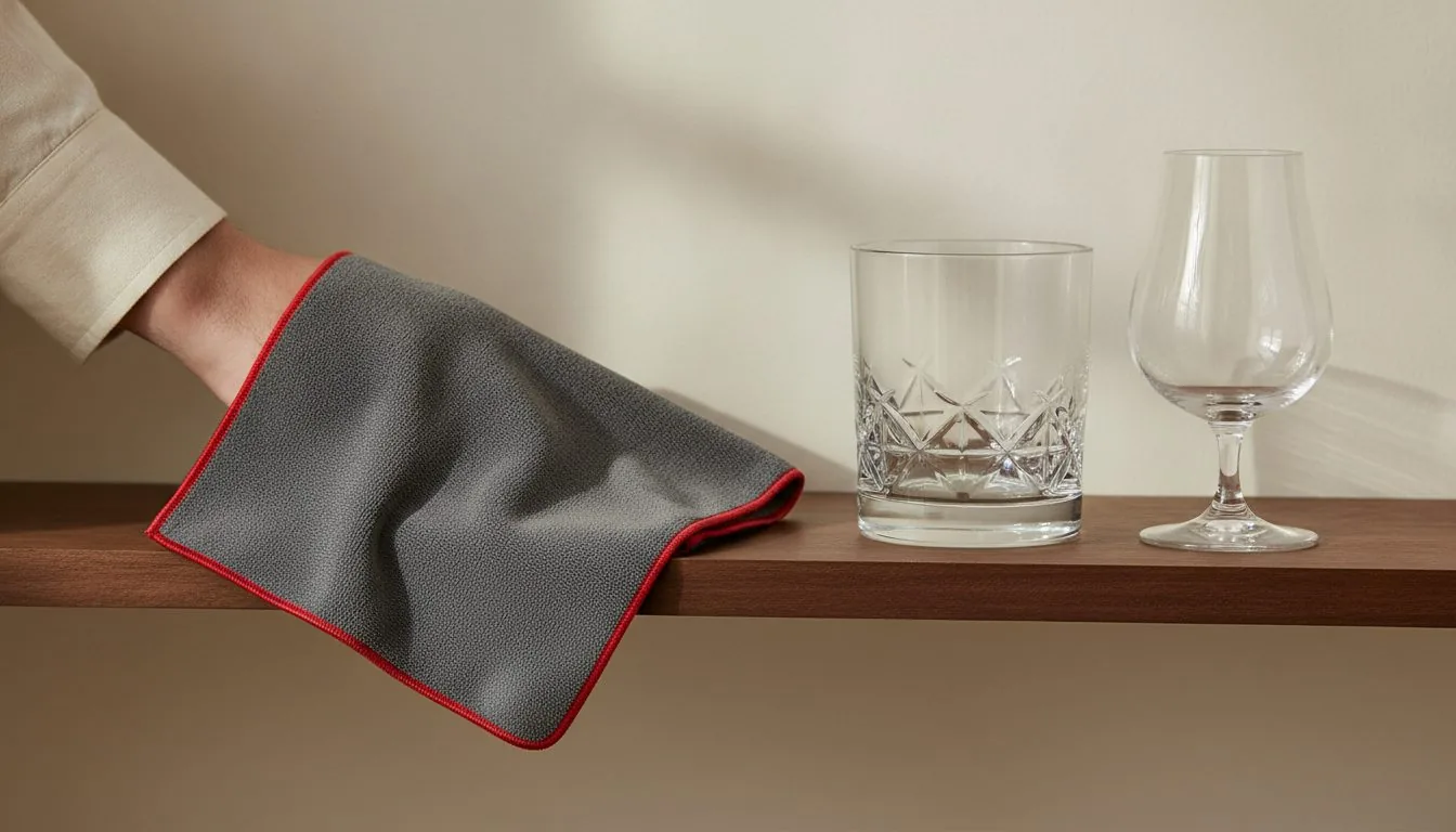 A hand holding a gray Premium Glass Polishing Cloth with red edging beside a cut-pattern tumbler and a tulip-shaped glass