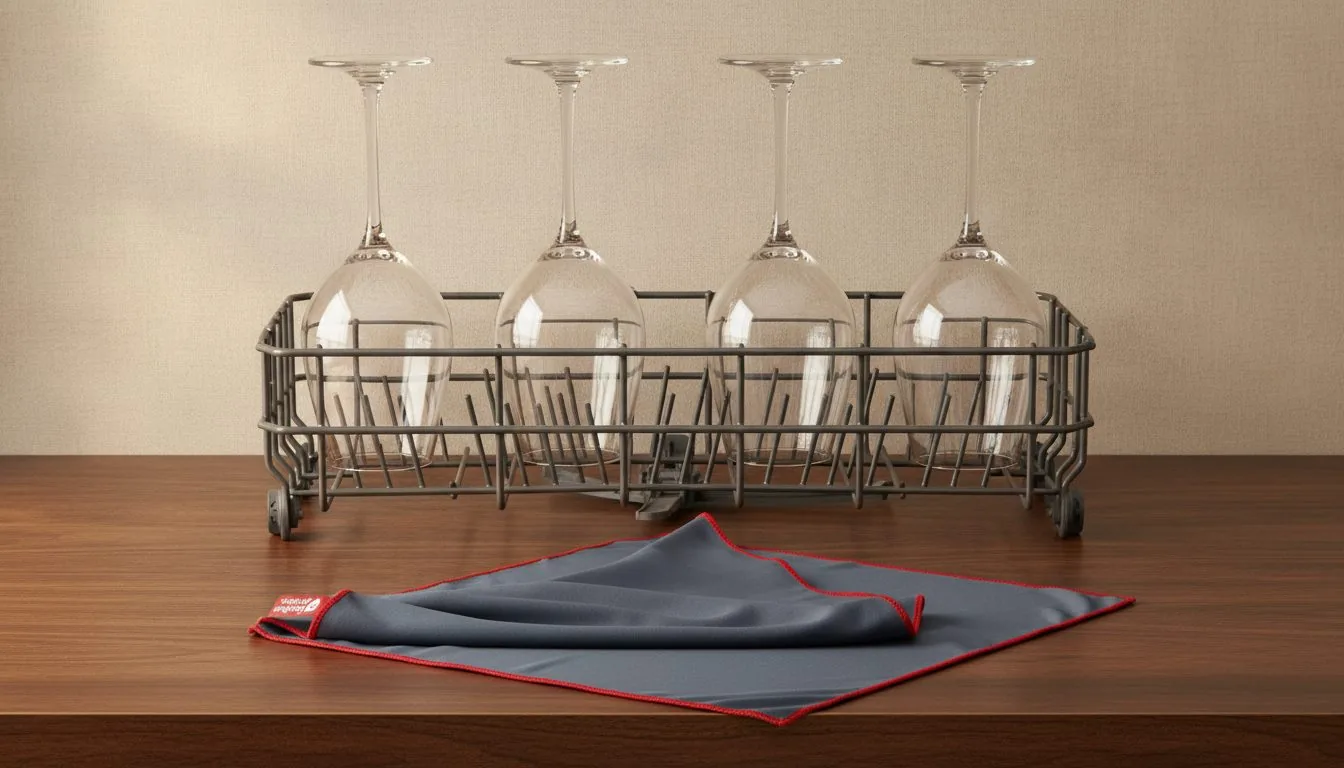 Four wine glasses upside down in a wire rack above a folded gray cloth with a red edge